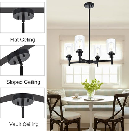 VINLUZ 4 Light Glass Farmhouse Chandelier Black Kitchen Lighting Fixture Hanging with Cylinder Clear Glass Pendant Light for Dining Room Bedroom