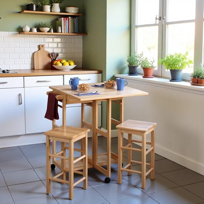 Furnifact Folding Kitchen Trolley Drop Leaf Table with Two Stools, Compact Folding Dining Table with Chairs and Storage, Small Kitchen Cart with Seating