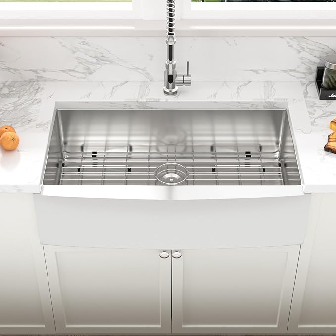 Sarlai 36 Stainless Steel Farmhouse Sink- 36x21 Inch Farmer Sink Apron Front Kitchen Sinks 16 Gauge Single Bowl Farm Sinks Basin Round Corner