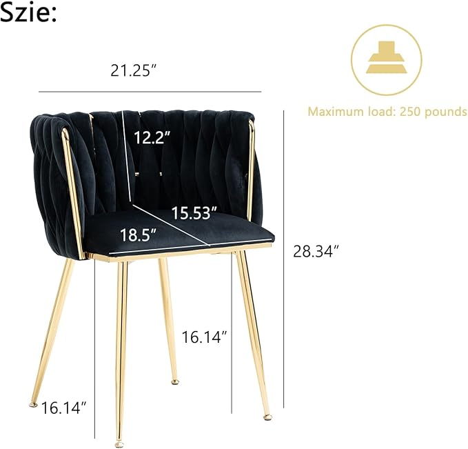 Nrizc Woven Dining Chairs Set of 4, Velvet Upholstered Dining Chairs with Gold Metal Legs, Modern Accent Chairs for Living Room, Dining Room, Kitchen (Black)