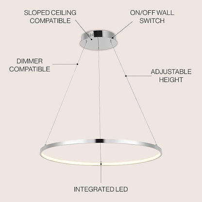 JONATHAN Y 23.75" Chrome Modern Integrated LED Pendant Light, Dimmable Round Hoop Chandelier for Kitchen Island, Dining Room, Adjustable Height Metal Hanging Light (JYL7203C)