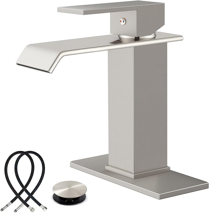 Midanya Waterfall Bathroom Faucets, Single Handle 1 Hole Bathroom Sink Faucet Modern RV Vanity Restroom Lavatory Basin Faucet with Pop Up Drain and Water Supply Lines,Brushed Nickel