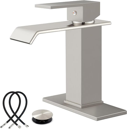 Midanya Waterfall Bathroom Faucets, Single Handle 1 Hole Bathroom Sink Faucet Modern RV Vanity Restroom Lavatory Basin Faucet with Pop Up Drain and Water Supply Lines,Brushed Nickel