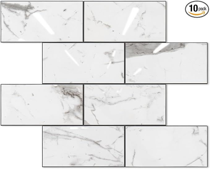 STICKGOO Subway Tile Peel and Stick Backsplash, Glossy White Marble PVC Self Adhesive Tile Backsplash, Stick on Tile for Kitchen and Bathroom(10 Sheets)