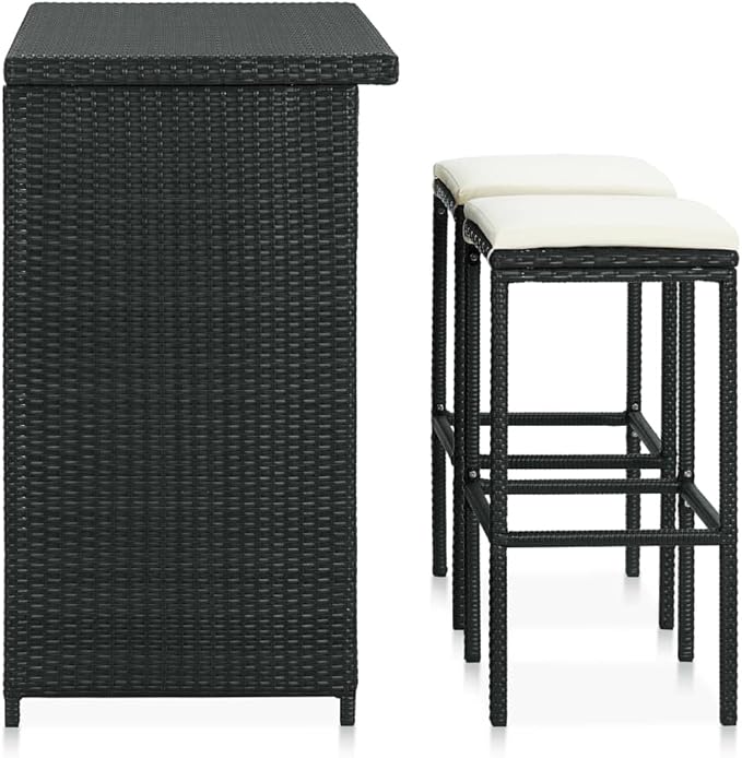 3 Piece Bar Set with Table and Stools Black Cream White PE Rattan Steel Polyester Indoor Outdoor for Dining Room Patio