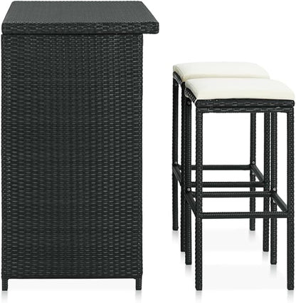 3 Piece Bar Table Set with PE Rattan Steel Frame Black Indoor Outdoor Bistro Set for Kitchen Living Room Patio Furniture