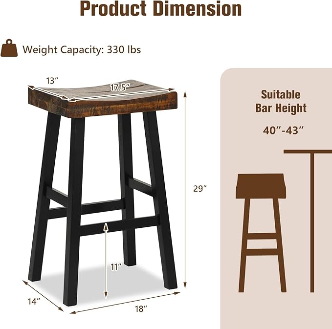 ERGOMASTER Wooden Backless Saddle Barstools Set of 4, 29-inch Bar Height Rustic Bar Stools with Rubber Wood Frame & Footrest for Kitchen Island, Dining Room, Pub