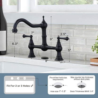 WOWOW Black Bridge Kitchen Faucet 2 or 3 Hole Antique Brass Bridge Faucet 2 Handle 8 Inch Centerset Farmhouse Kitchen Sink Faucet 360° Swivel Vintage Tap
