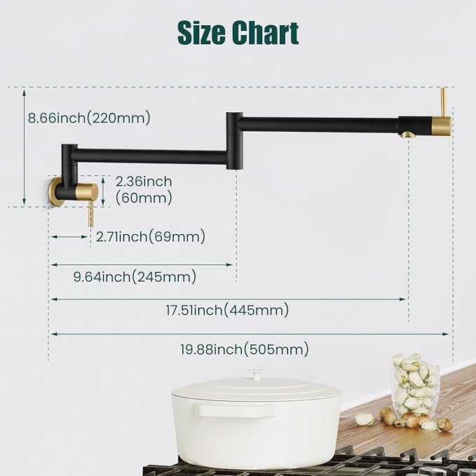 Heyalan Pot Filler 19 Inch Wall Mount Folding Stretchable Kitchen Restaurant Faucet Stainless Steel Pot Filler Double Joint Swing Arm Two Handles Commercial NPT,Straight Handle,Black and Brushed Gold