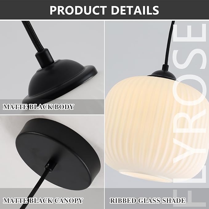 Milk Glass Round Pendant Light Striped Glass Pendant Lights Modern Globe Pendant Lights Kitchen Island Black Mid Century Hanging Ceiling Light White Pendant Light Fixture (2 Pack)