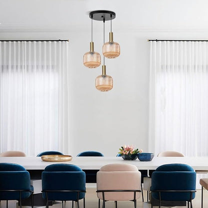 3-Light Cluster Pendant Lights Glass Globe Chandelier Amber Adjustable Hanging Ceiling Lighting Mid Century Modern Gold Pendant Lamps for Bedroom Dining Room Living Room