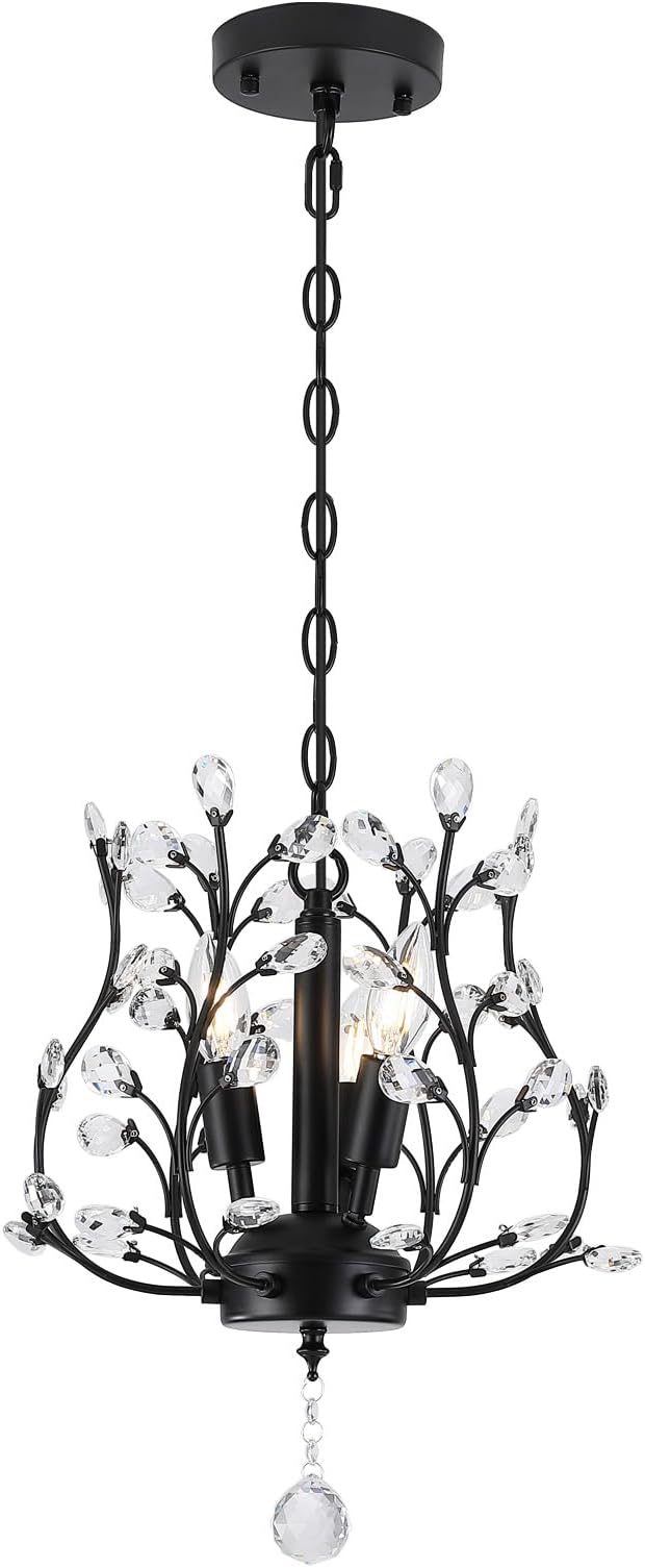 Small Black Crystal Chandelier, Farmhouse 3-Light Branch Crystal Pendant Light with 47.2'' Adjustable Chain, Vintage 13.8'' Ceiling Hanging Light Fixture for Dining Room, Kitchen, Entryway