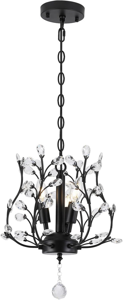 Small Black Crystal Chandelier, Farmhouse 3-Light Branch Crystal Pendant Light with 47.2'' Adjustable Chain, Vintage 13.8'' Ceiling Hanging Light Fixture for Dining Room, Kitchen, Entryway