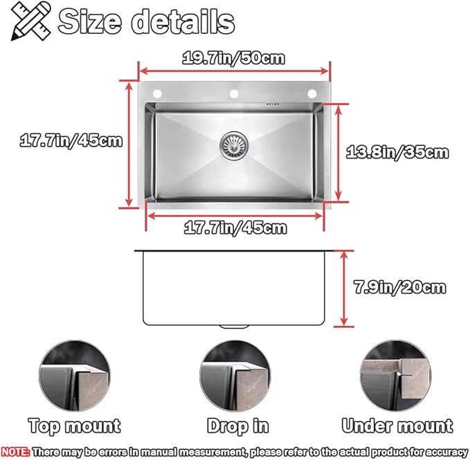 19.7 * 17.7in Drop In Kitchen Sink with 3 Holes,Silver Gray Topmount Stainless Steel Single Bowl Sinks With Drain basket & Soap dispenser
