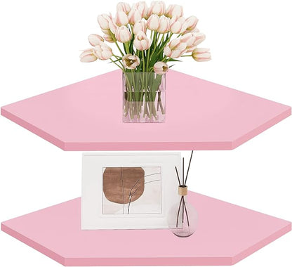 Homode Corner Floating Shelves, Corner Wall Shelf with Cord Hole, 2 Tier Wood Hanging Corner Shelf for Bathroom, Bedroom, Living Room, Pink