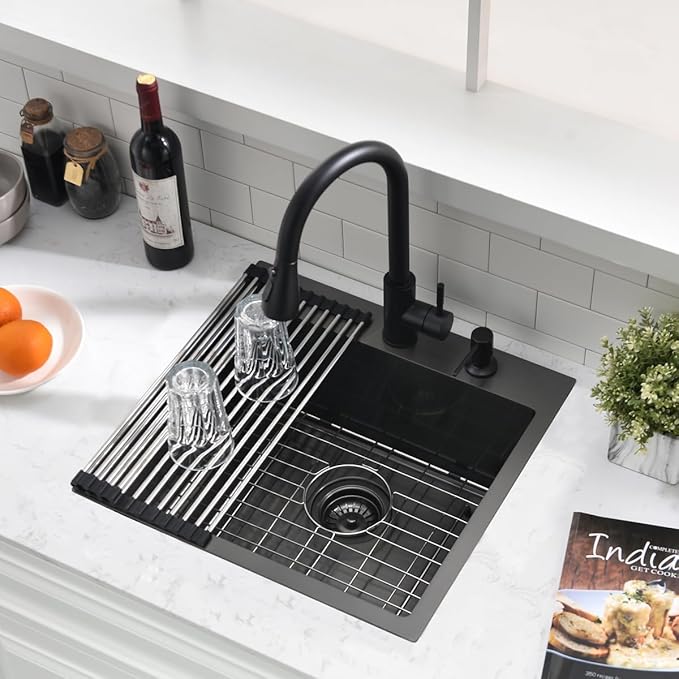 20-inch Drop In Bar Sink Black - VOKIM 20"x 19" Drop in Kitchen Sink Top Mount Handmade Small Kitchen Bar Sink 16 Gauge Stainless Steel Single Bowl sink Brushed Nickel, With Dish Grid