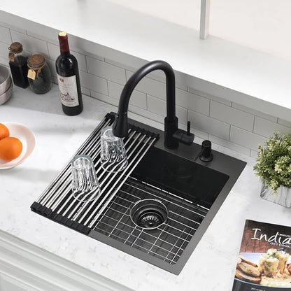 20-inch Drop In Bar Sink Black - VOKIM 20"x 19" Drop in Kitchen Sink Top Mount Handmade Small Kitchen Bar Sink 16 Gauge Stainless Steel Single Bowl sink Brushed Nickel, With Dish Grid