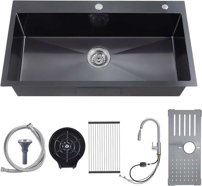 Kitchen Sink, 304 Stainless Steel Sink, Single Bowl, Drop In Kitchen Sink with Complete Accessories, Perfect for Homes, Apartments, and Modern Kitchens in All Settings (Gunmetal, 32 * 18 in)