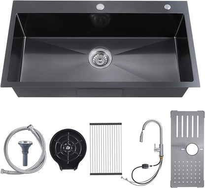 Kitchen Sink, 304 Stainless Steel Sink, Single Bowl, Drop In Kitchen Sink with Complete Accessories, Perfect for Homes, Apartments, and Modern Kitchens in All Settings (Gunmetal, 32 * 18 in)