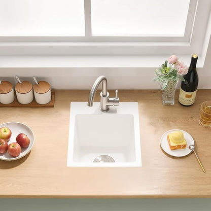 13x15 Inch Drop In Bar Sink, White Granite Composite Quartz Drop In Sink RV Wet Bar Prep Sink Quartz Topmount Single Bowl Kitchen Basin with Small Rubber Squeegee
