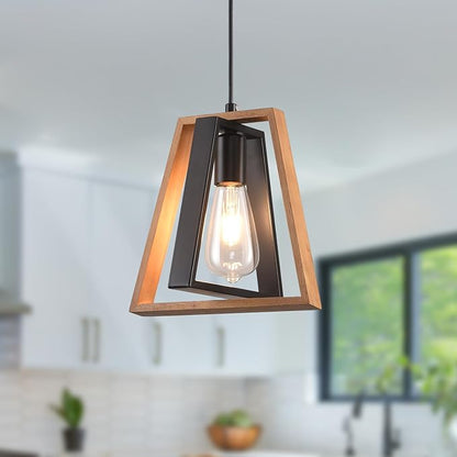 Kitchen Island Pendant Lights, Black Industrial Metal and Vintage Wood Hanging Light, Mini Farmhouse Chandelier, Adjustable Height Rustic Ceiling Lamp for Entryway, Dining Room, Foyer