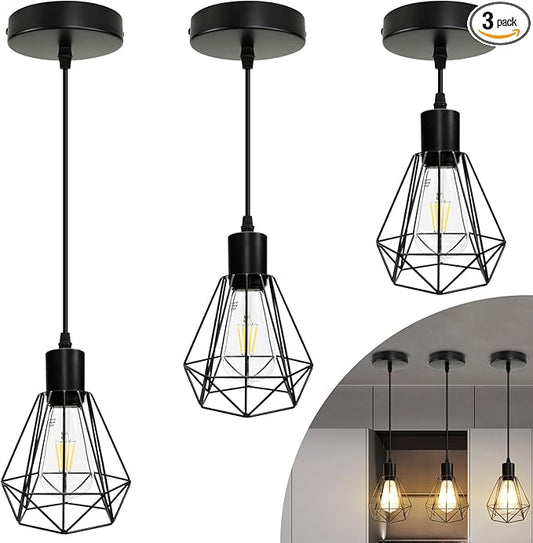 LTBLIGHT 3 Pack Hanging Lights for Kitchen, Black Farmhouse Pendant Light Fixture with 47.2in Adjustable Cord, Sloped Ceiling Lamp for Dining Room, E26 Base (Bulbs Not Included)