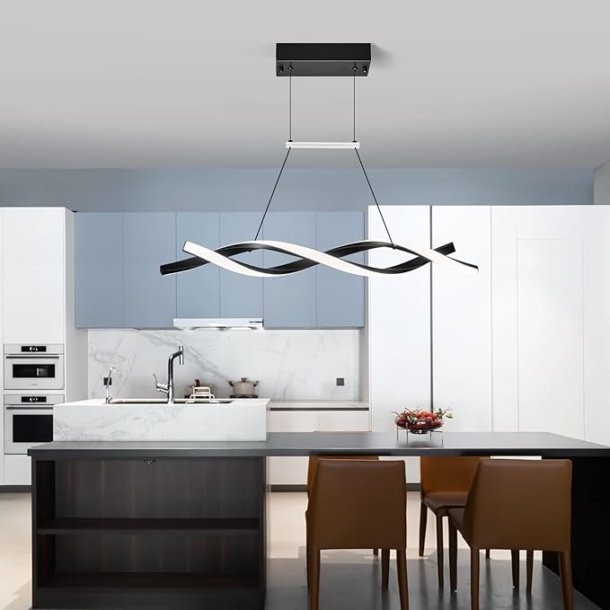 Modern Kitchen Pendant Light Over Island Black LED Pendant Lights 6000K Adjustable Hanging Light Fixture Wave Shape Chandelier for Dining Room Kitchen Island Restaurant Living Room