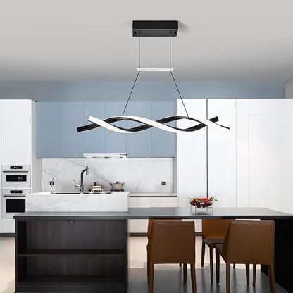 Modern Kitchen Pendant Light Over Island Black LED Pendant Lights 6000K Adjustable Hanging Light Fixture Wave Shape Chandelier for Dining Room Kitchen Island Restaurant Living Room