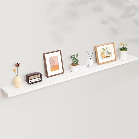 Rustic Elm Wood Floating Shelves - 72'' W x 8" D Wall Mounted Mantel Shelf with Invisible Bracket, Large Long Storage Shelves for Living Room, Bedroom, Kitchen, Bathroom, White Wash