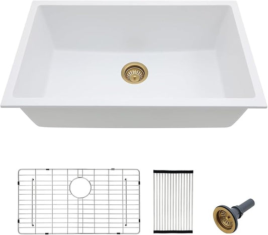31 Granite Composite Kitchen Sink - Fulorni 31"×18" Granite Kitchen Sink White Undermount Quartz Classic Under Counter Single Bowl Sink Basin