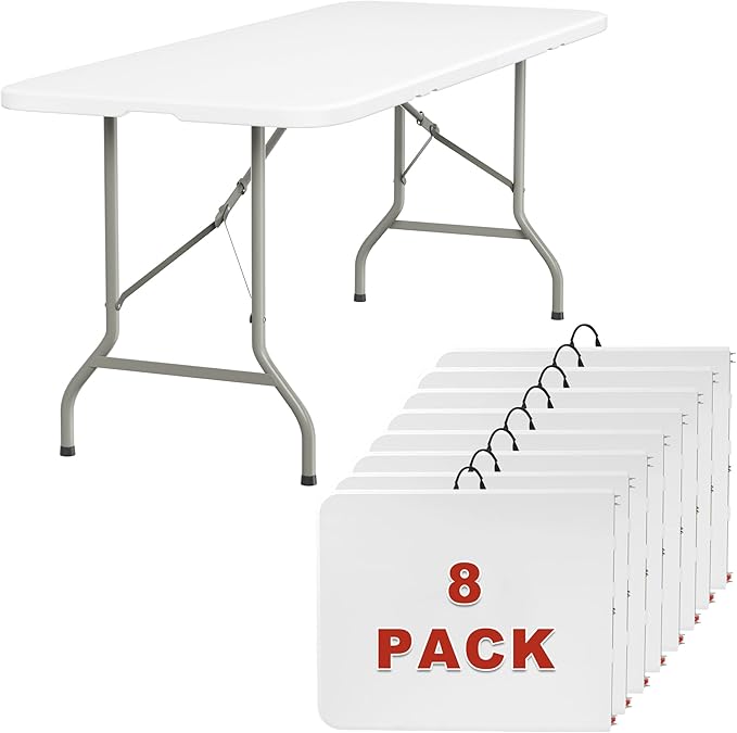 Elevon 6FT Folding Tables – Heavy Duty Portable Foldable Table with Built-in Handle, 300 lb Capacity – Ideal for Events, Parties, Crafts, Camping & Dining (8-Pack)