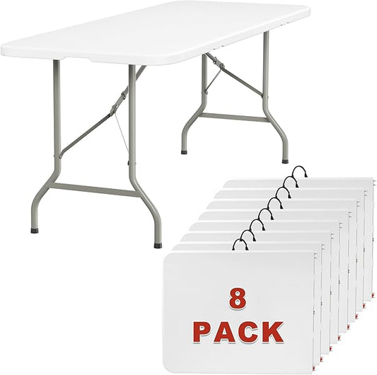 Elevon 6FT Folding Tables – Heavy Duty Portable Foldable Table with Built-in Handle, 300 lb Capacity – Ideal for Events, Parties, Crafts, Camping & Dining (8-Pack)