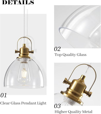 Gold Pendant Lights Kitchen Island 2 Pack, 7.5 inch Farmhouse Glass Pendant Lights, Vintage Gold Glass Pendant Light, Island Pendant Lights for Dining Rooms, Living Room, Bar