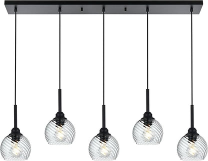 5 Light Kitchen Pendant Lighting Over Island with Striped Swirl Globe Glass, Black Blown Glass Pendant Light Hanging Ceiling Lamp Contemporary Chandelier for Dining Room Bar Living Room