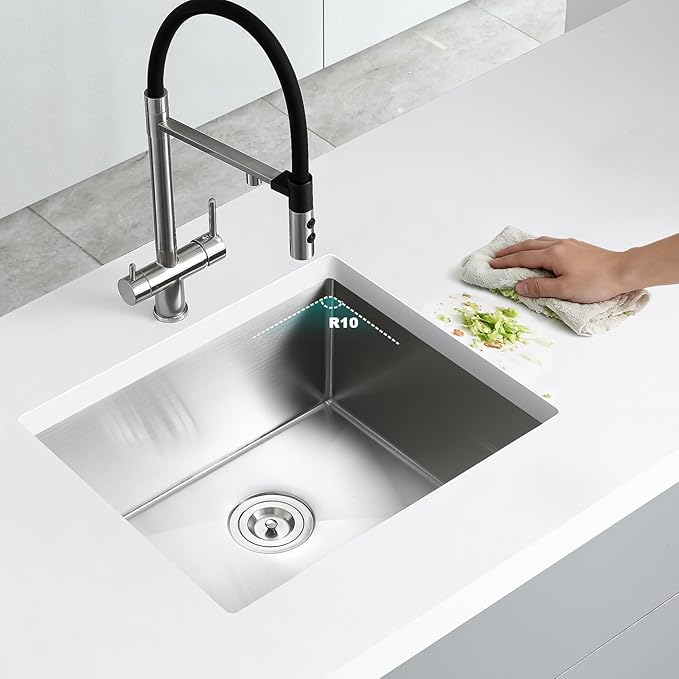 Brushed 24 Inch Undermount Kitchen Sink, 18 Gauge 304 Stainless Steel Single Bowl with Bottom Grid & Roll-Up Drying Rack, 9" Deep Utility Sink for Laundry, Kitchen, Bar
