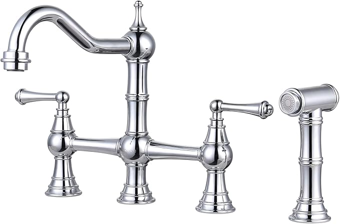 WOWOW 4 Hole Kitchen Faucet with Sprayer, 8 Inch Centerset Brass Bridge Kitchen Faucet 2 Handle with Side Sprayer, Vintage Farmhouse Kitchen Sink Faucet Chrome