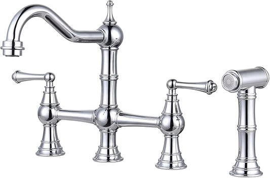 WOWOW 4 Hole Kitchen Faucet with Sprayer, 8 Inch Centerset Brass Bridge Kitchen Faucet 2 Handle with Side Sprayer, Vintage Farmhouse Kitchen Sink Faucet Chrome