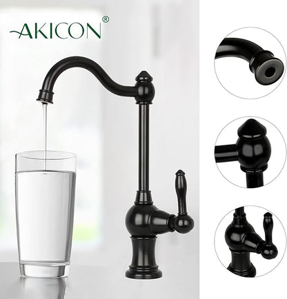 Akicon Kitchen Water Filter Faucet, Brass Body 100% Lead-Free Drinking Water Faucet Fits Most Reverse Osmosis Units or Filtration System, Non-Air Gap, Cold Water Only(Matte Black)