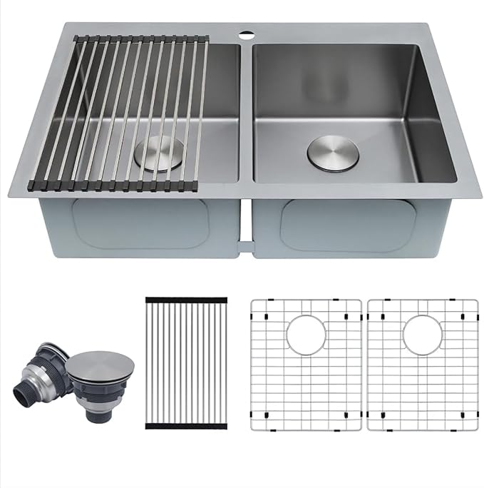 33 X 22 inch Drop in Kitchen Sinks Double Bowl,16 Gauge Stainless Steel 50/50 Double Sink,Top Mount/Drop In Double Kitchen Sink 33 inch