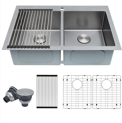 33 X 22 inch Drop in Kitchen Sinks Double Bowl,16 Gauge Stainless Steel 50/50 Double Sink,Top Mount/Drop In Double Kitchen Sink 33 inch