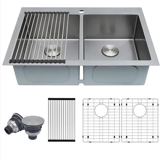 33 X 22 inch Drop in Kitchen Sinks Double Bowl,16 Gauge Stainless Steel 50/50 Double Sink,Top Mount/Drop In Double Kitchen Sink 33 inch