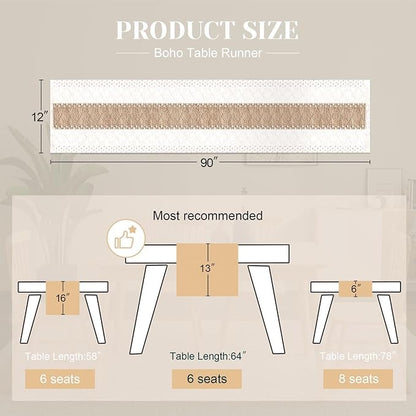 FEXIA Boho Table Runner for Home Decor with Out Tassels 90 Inches Long Farmhouse Rustic Table Runner Macrame Burlap Table Decoration for Living Room Bridal Shower(12x90 Inches)