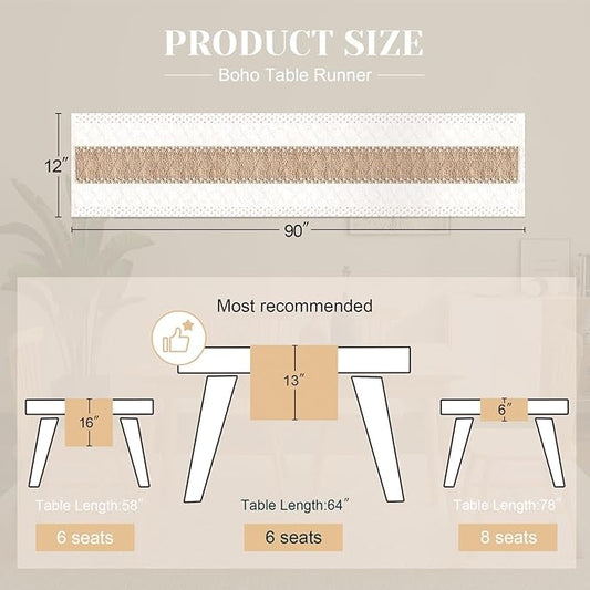 FEXIA Boho Table Runner for Home Decor with Out Tassels 90 Inches Long Farmhouse Rustic Table Runner Macrame Burlap Table Decoration for Living Room Bridal Shower(12x90 Inches)