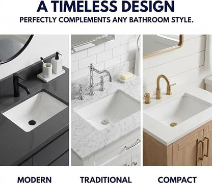 Nantucket Sinks UM-159-W Small Undermount Bathroom Sink – 15" x 9" Interior Rectangular Bowl, Ceramic Bath Sink for Vanity, w Overflow, High Gloss White Vitreous China, Scratch & Stain Resistant