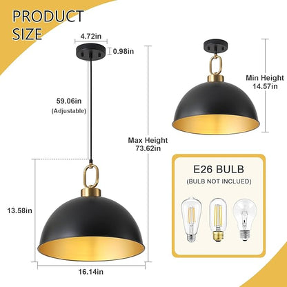 16.1" Large Farmhouse Pendant Lights Kitchen Island, Industrial Dome Pendant Light Fixture, Matte Black with Gold Handle Adjustable Height Hanging Island Light for Dining Room,Kitchen,Cafe