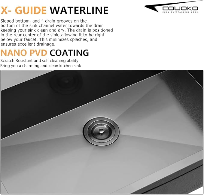 28x22 Drop In Kitchen Sink Black 16 Gauge Stainless Steel Single Bowl Drop Kitchen Sinks Nano PVD Gunmetal Black Handmade Large Deep Topmount Sinks, 28x22x9 Inch