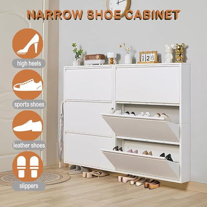 Shoe Storage Cabinet with 3 Flip Drawers, Hidden Slim Narrow Shoe Rack Cabinet, Wall Mount Metal Shoe Cabinet for Entryway, White