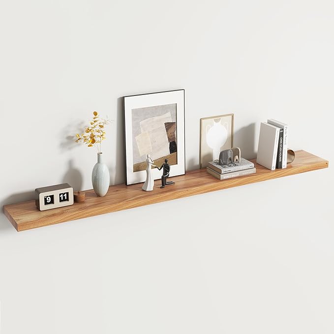 Venusmiles Reclaimed Elm Wood Floating Shelf for Wall, Flat Edge 72" W x 9.2" D x 1.4" H, Large Invisible Wall Mounted Shelf for Living Room Bedroom Kitchen Bathroom Decor, Natural Finish 1 Pack