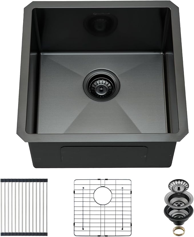 Undermount Kitchen Sink, 18 x 18 x 10 Inch Single Bowl Undermount Small Bar Sink 16 Gauge T-304 Stainless Steel Gunmetal Black Kitchen Sinks