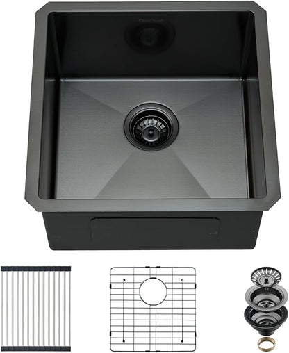 Undermount Kitchen Sink, 18 x 18 x 10 Inch Single Bowl Undermount Small Bar Sink 16 Gauge T-304 Stainless Steel Gunmetal Black Kitchen Sinks
